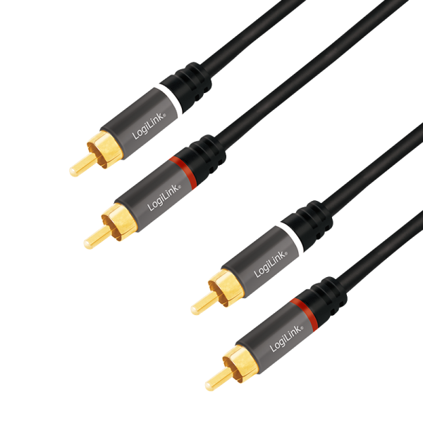 Audio cable, 2x RCA/M to 2x RCA/M, metal, black, 5 m