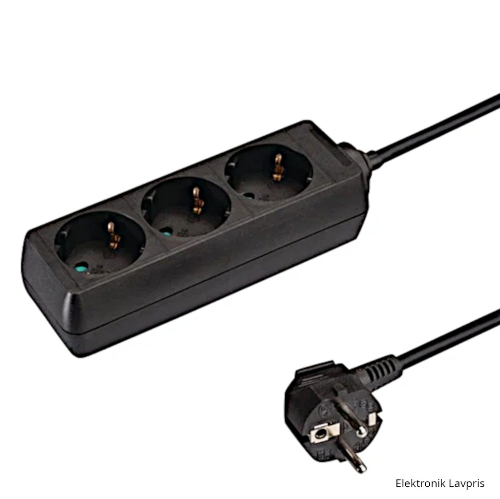Stikdåse Schuko, 3 stik, 3 meter, sort