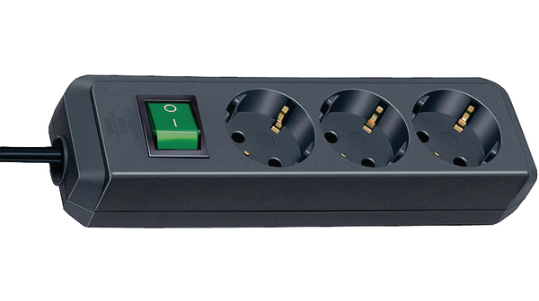 Stikdåse m/3 stik Schuko SORT 5m. Med afbryder