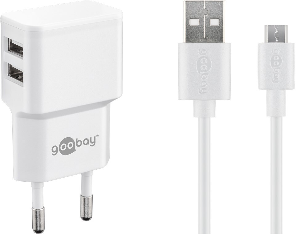 Dobbelt USB lader 2.4A - 2 USB porte + Micro USB kabel