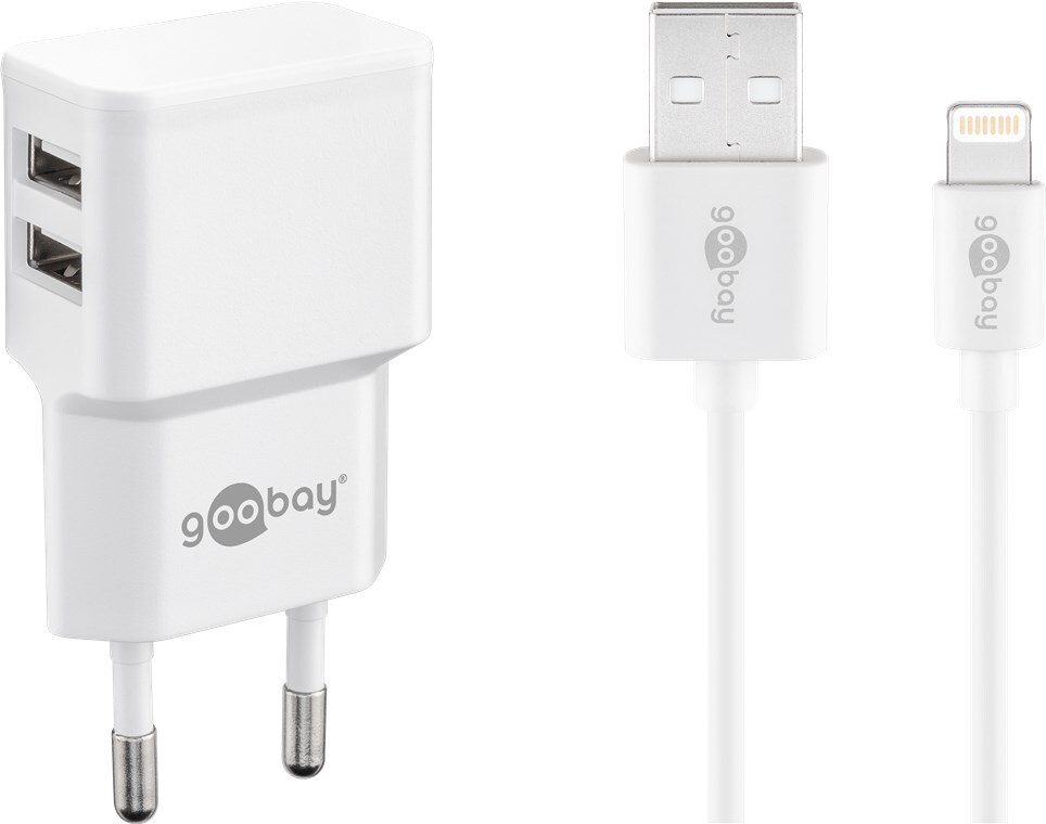 Dobbelt USB-A Apple Lightning oplader 2.4 A, hvid
