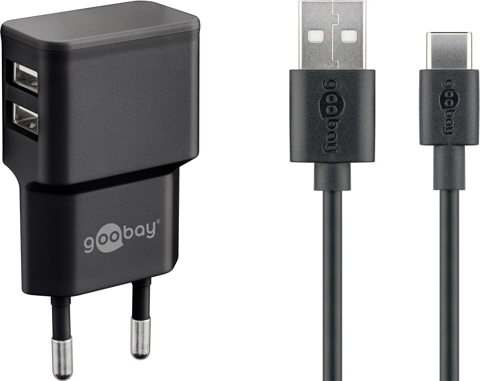Dobbelt USB lader 2.4A + USB-C kabel, sort