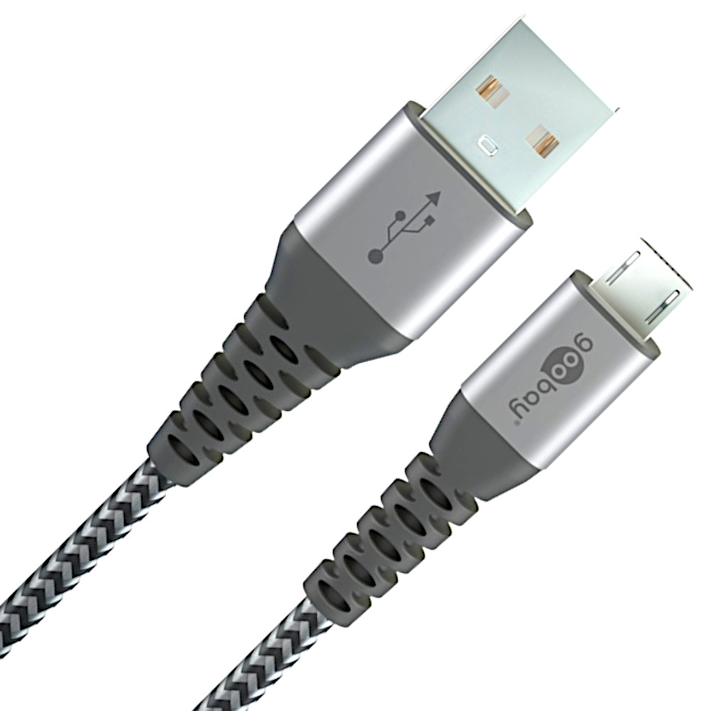Micro USB > USB-A, textil, grå/sølv, 1 meter