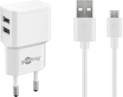 [144608] Dobbelt USB lader 2.4A - 2 USB porte + Micro USB kabel