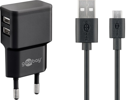 [144609] Dobbelt USB lader 2.4A + Micro USB-kabel, sort