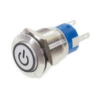 [144637] Trykkontakt 19 mm med on / off symbolring belysning hvid, 1x NO-kontakt, 1 x NC-kontakt