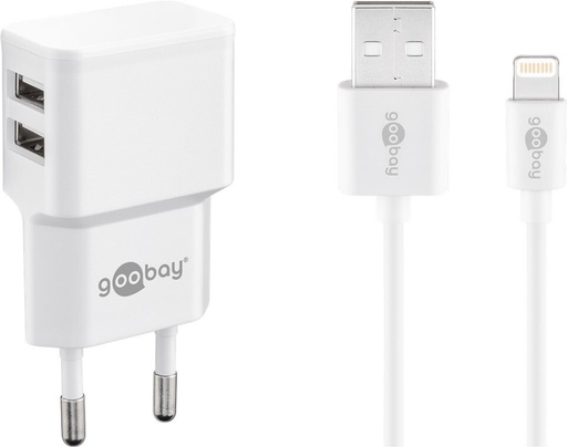 [144763] Dobbelt USB-A Apple Lightning oplader 2.4 A, hvid