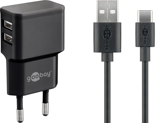 [144765] Dobbelt USB lader 2.4A + USB-C kabel, sort