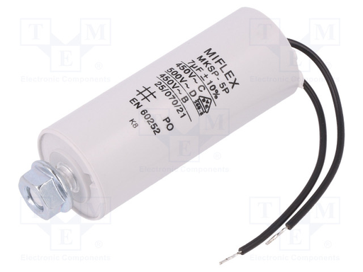 [147271] Motor capacitor 7F 450VAC =30x78mm. med bolt