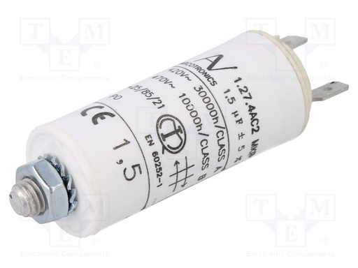 [147281] Motorstart kondensator 1,5uF, 470V 25x56,5mm.