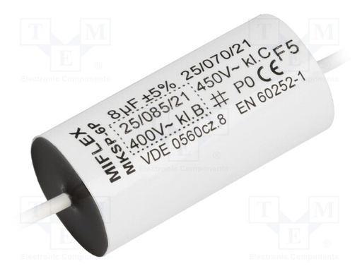[150839] Motorstart kondensator 8uF 450VAC =21x47mm.