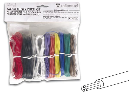 [112805] Ledningssortiment, 10 farver, 60m. Ø0.2mm², flertrådet / multicore