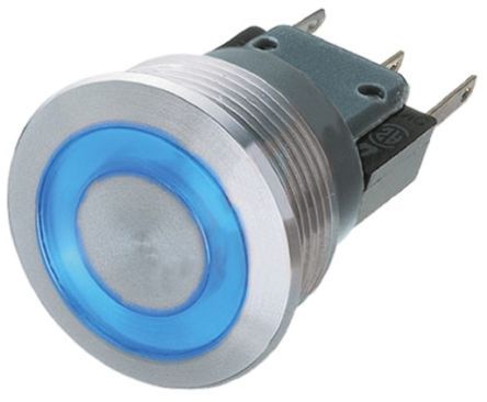 [103723] Metal Switch SPDT 250V 3A Blue Ring Momentan MSM19SR-BL