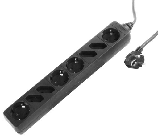 [127266] Stikdåse m/8 stik Schuko/Euro Sort 1,5m. Uden afbryder